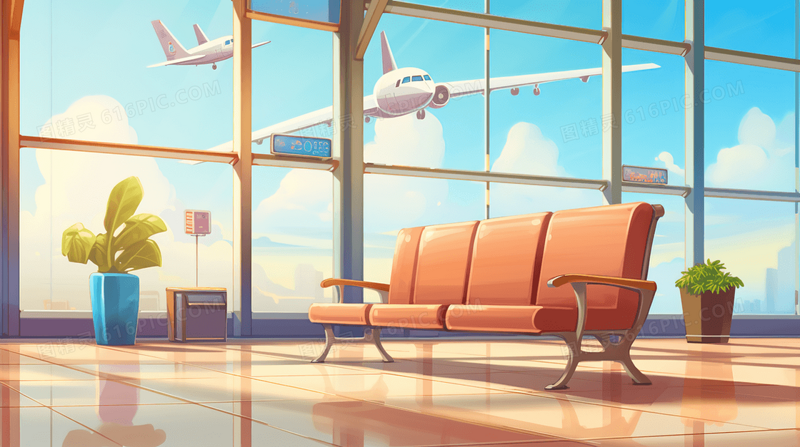 阳光照射着的机场候机室插画