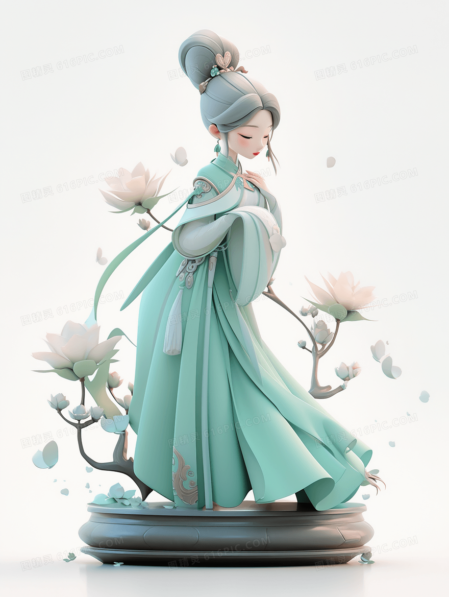 精美的青色古风少女手办插画