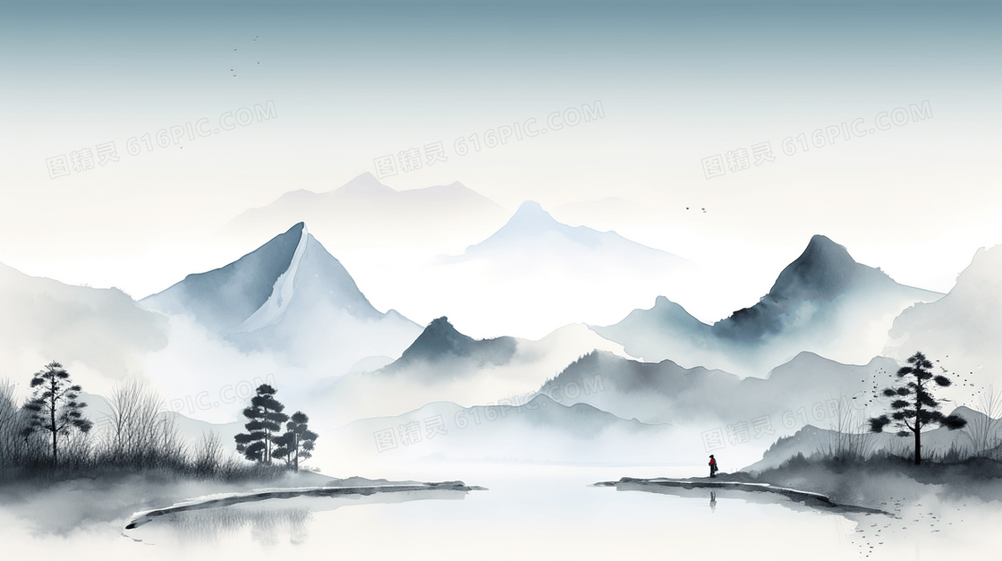 中国风水墨晕染意境山水风景插画