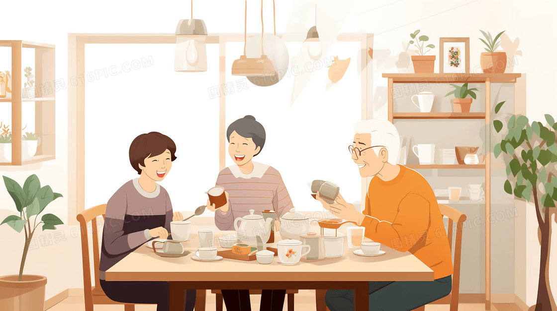 在家陪伴老人吃饭温馨插画
