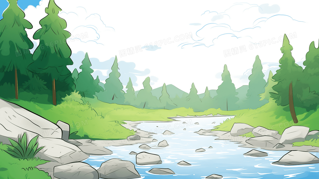 春天绿色山谷里的小溪风景插画