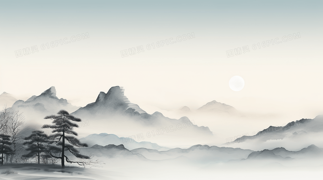 中国风水墨晕染意境山水风景插画