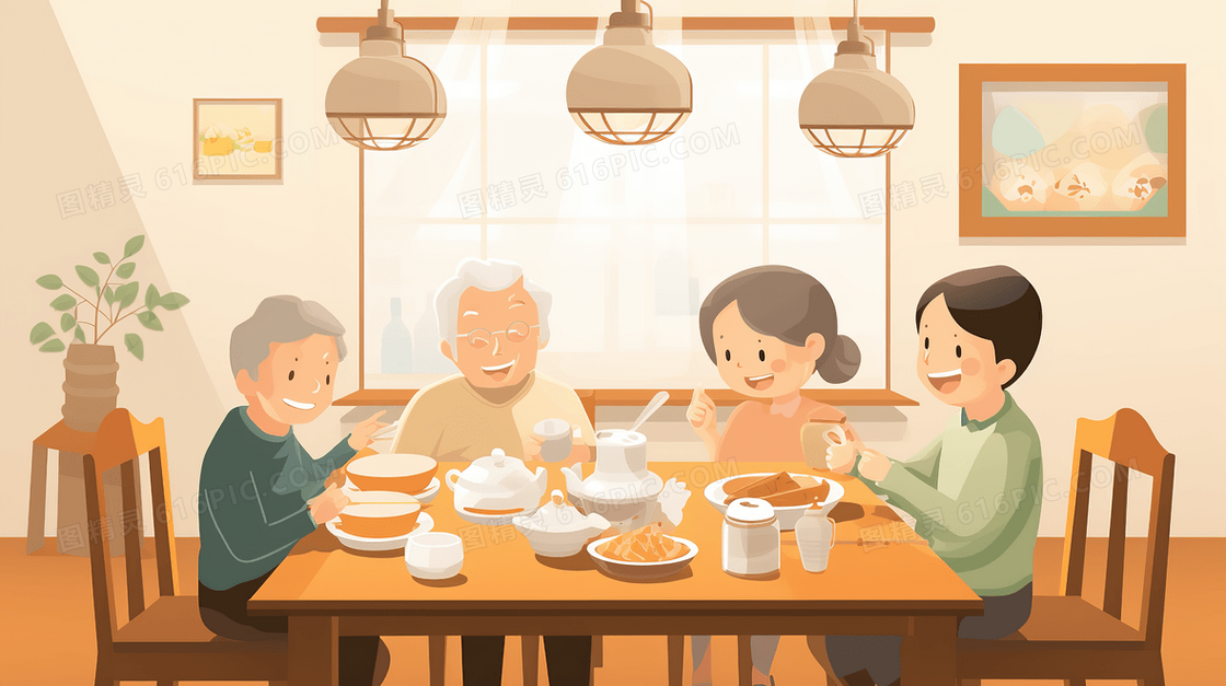 在家陪伴老人吃饭温馨插画