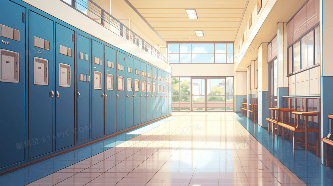 学校干净明亮的教室走廊插画