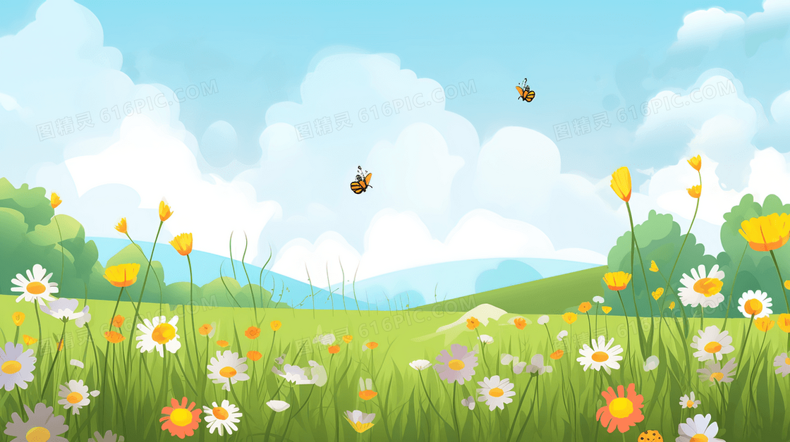 春天山野草地上盛开的鲜花插画