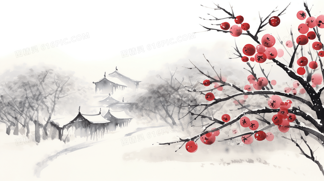 中国风冬季红梅水墨山水风景插画