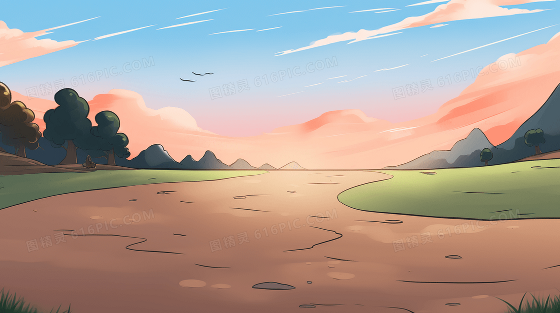 春天绿色山坡风景插画 
