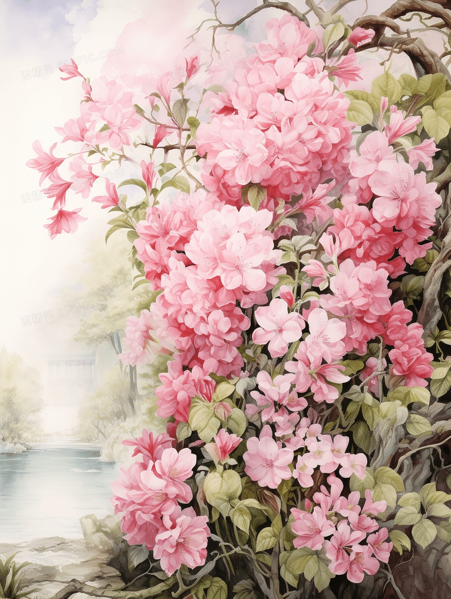精美的粉色花朵手绘插画