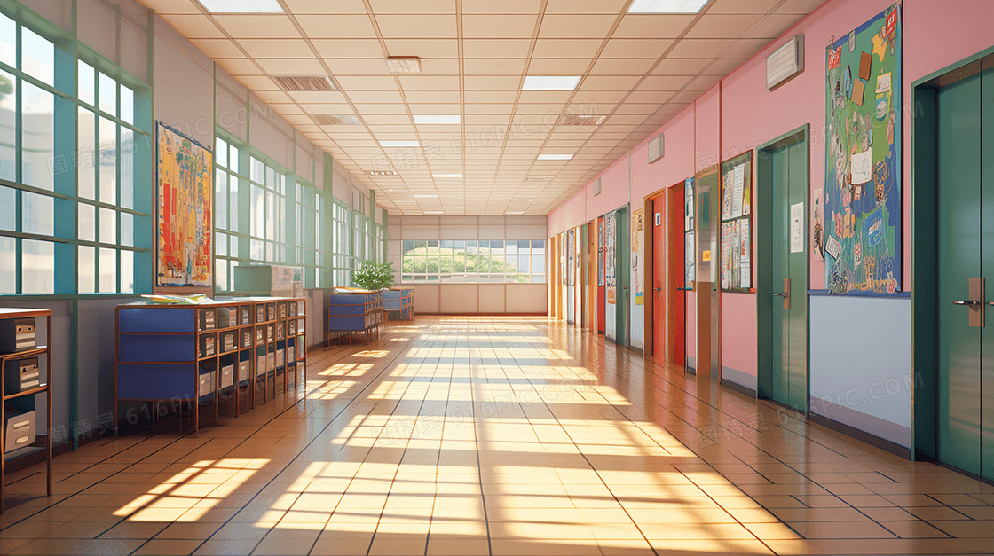 学校干净明亮的教室走廊插画