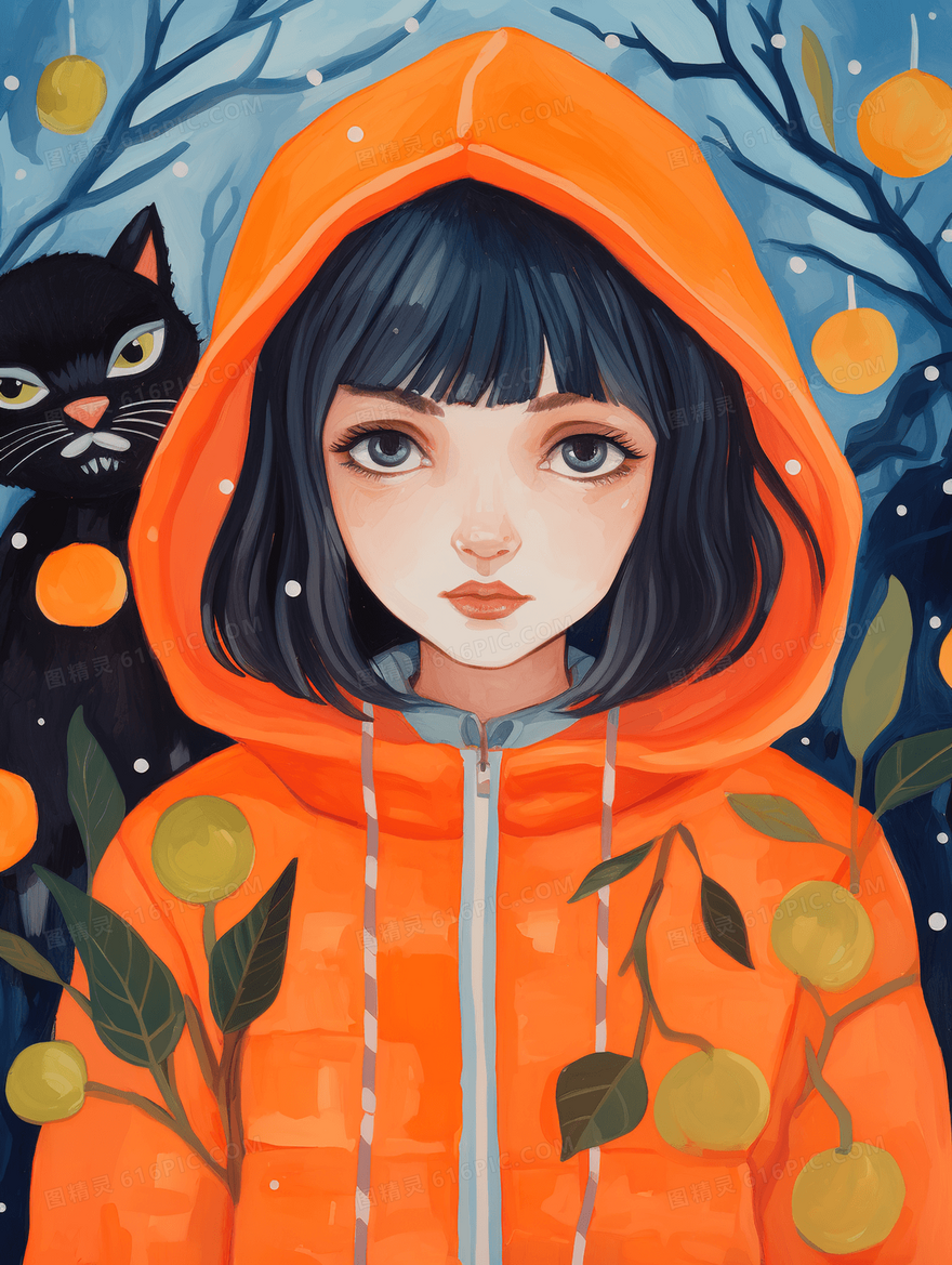 穿橙色连帽卫衣的女孩插画