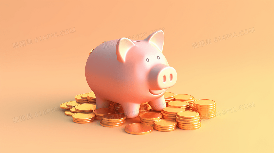 3D金币堆上的小猪存钱罐插画