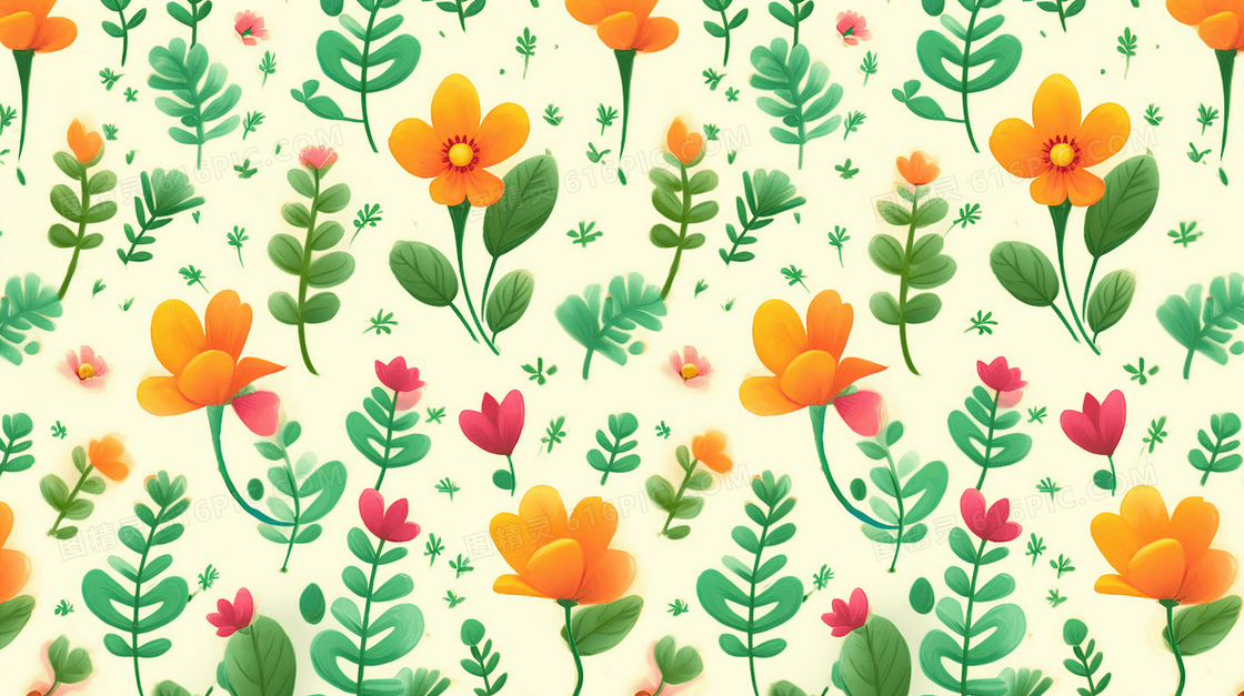 橙色小野花与绿叶装饰插画