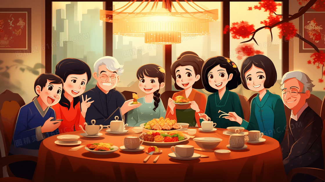 春节家人们团聚吃年夜饭插画