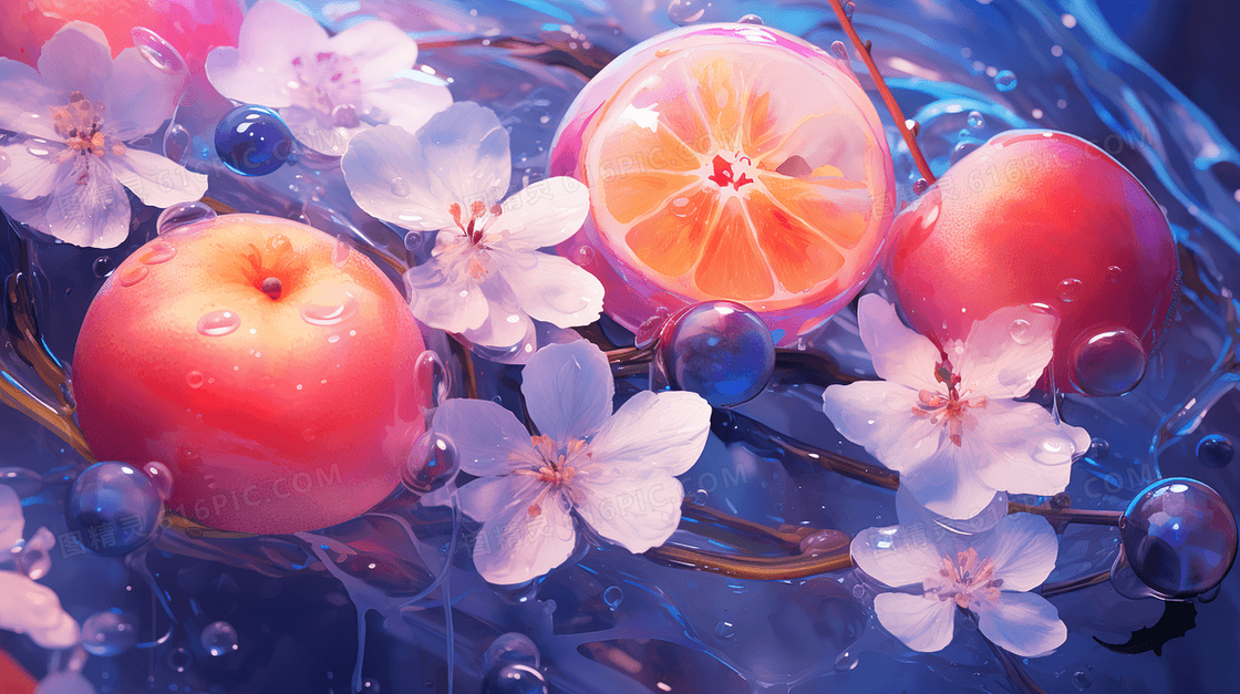水中的水果和花朵水彩插画