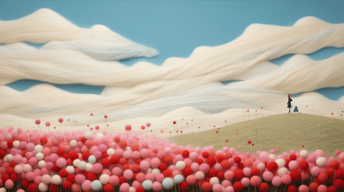 春天山坡上粉红色的花朵羊毛毡插画