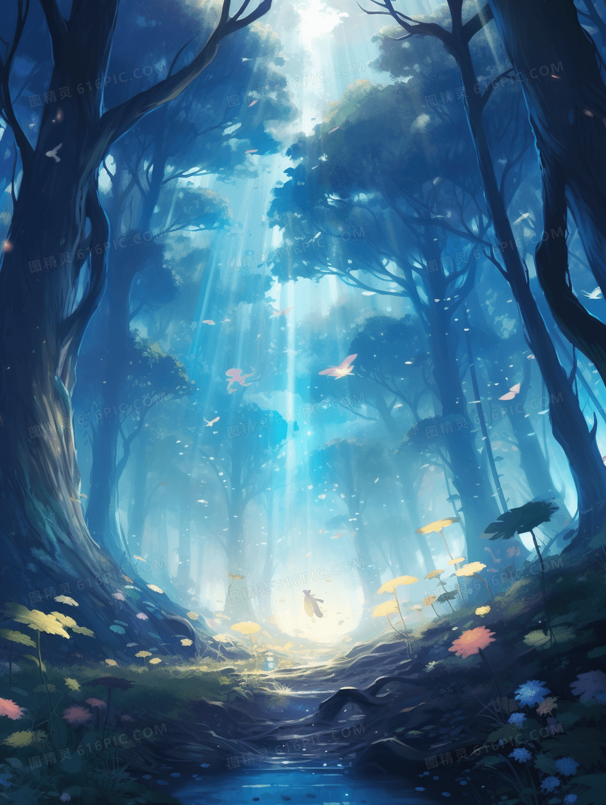 蓝色星空森林夜景风景唯美插画