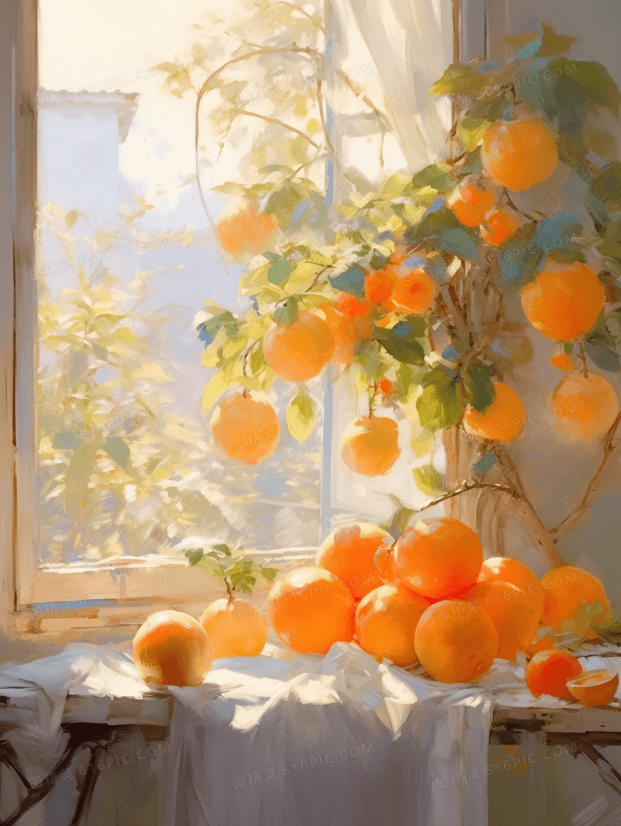 油画质感窗边风景水果橘子静物插画