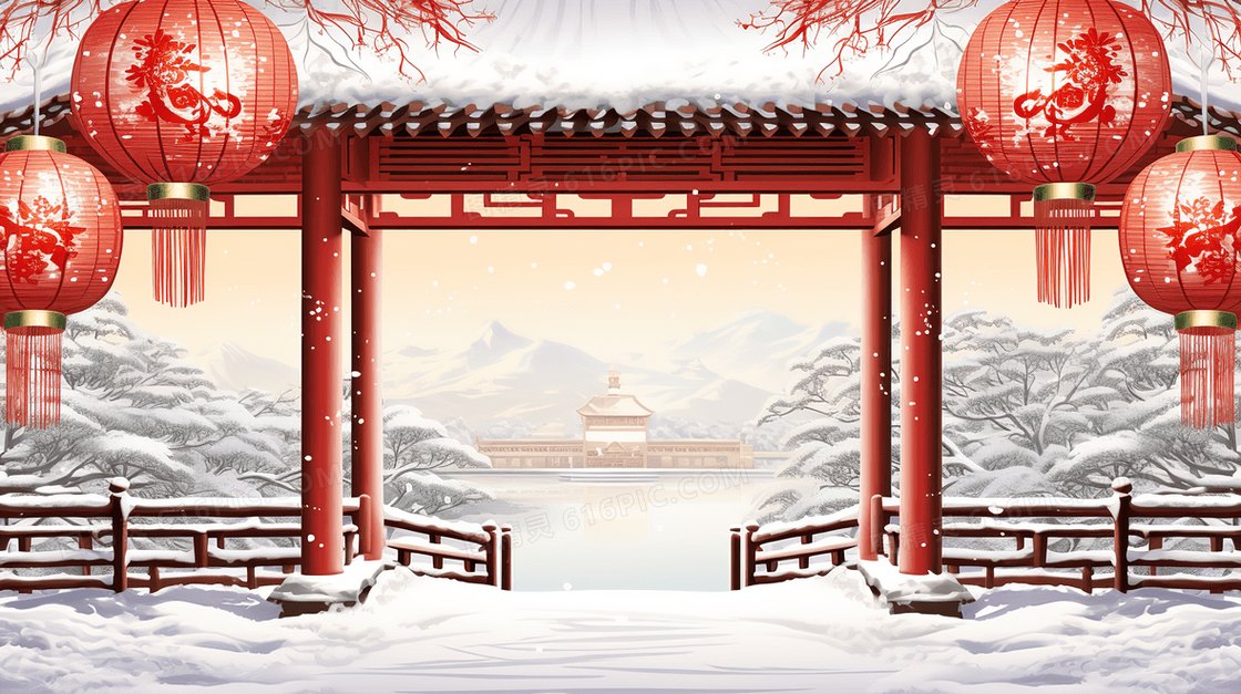 冬季中国风雪景插画