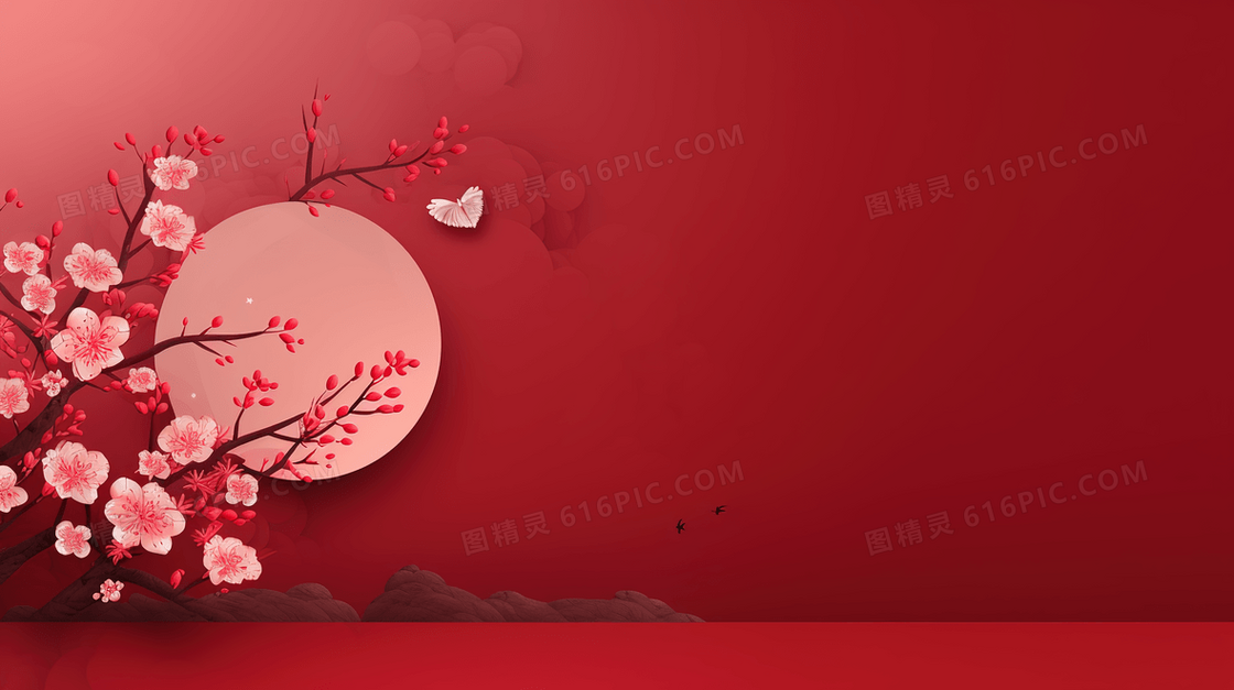 红色春节花朵展台插画