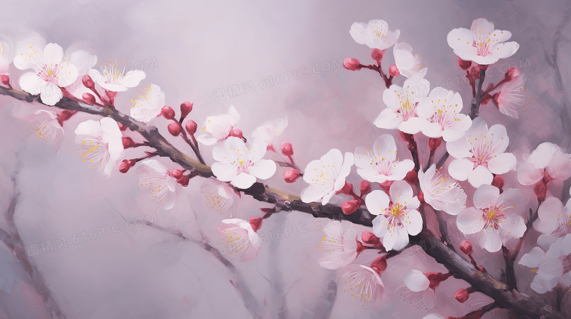 春季粉色桃花油画质感插画