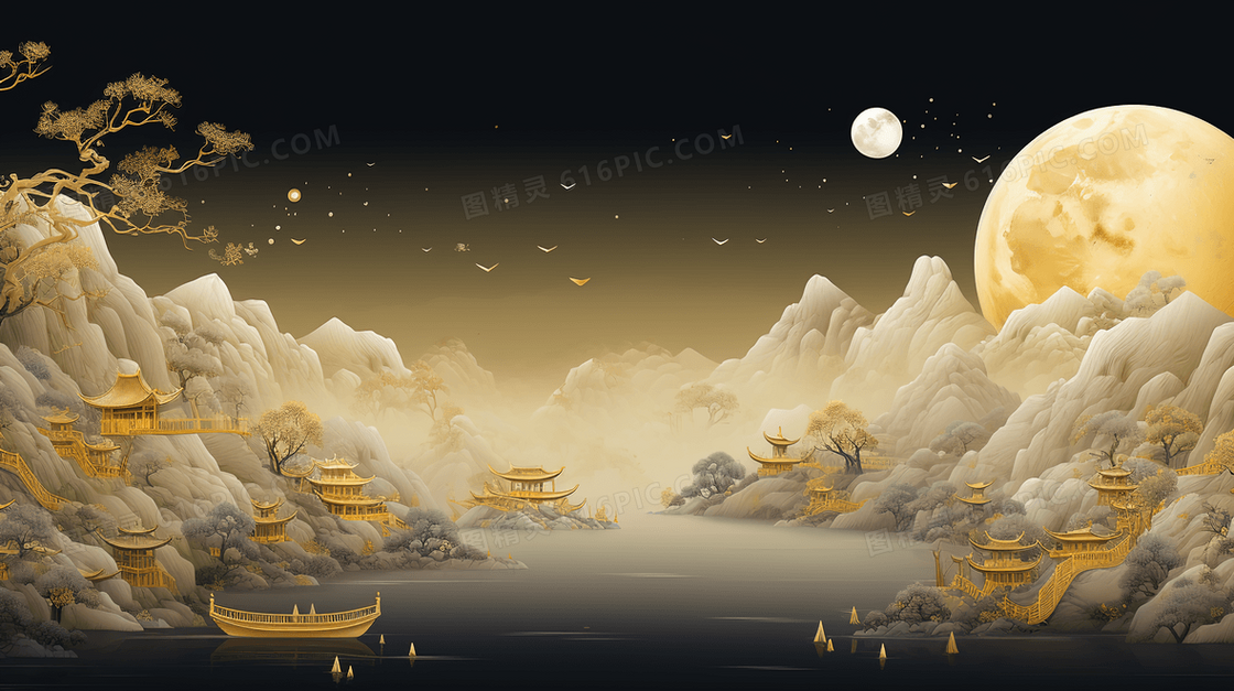 中国风夜晚圆月下的山水建筑风景插画