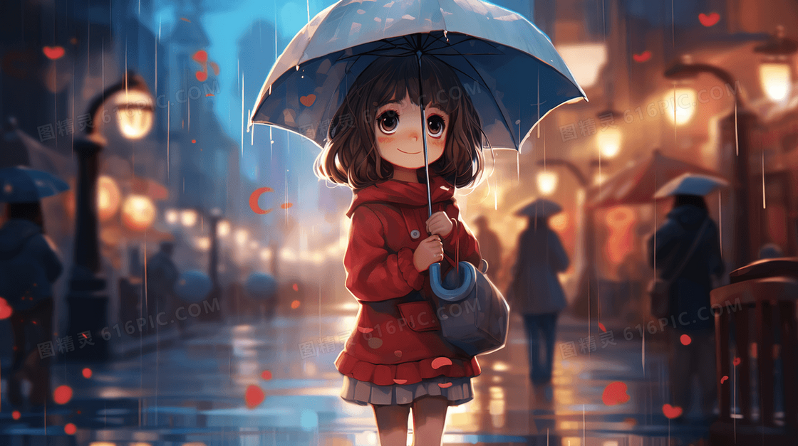 雨中街道上撑着雨伞的可爱女孩插画