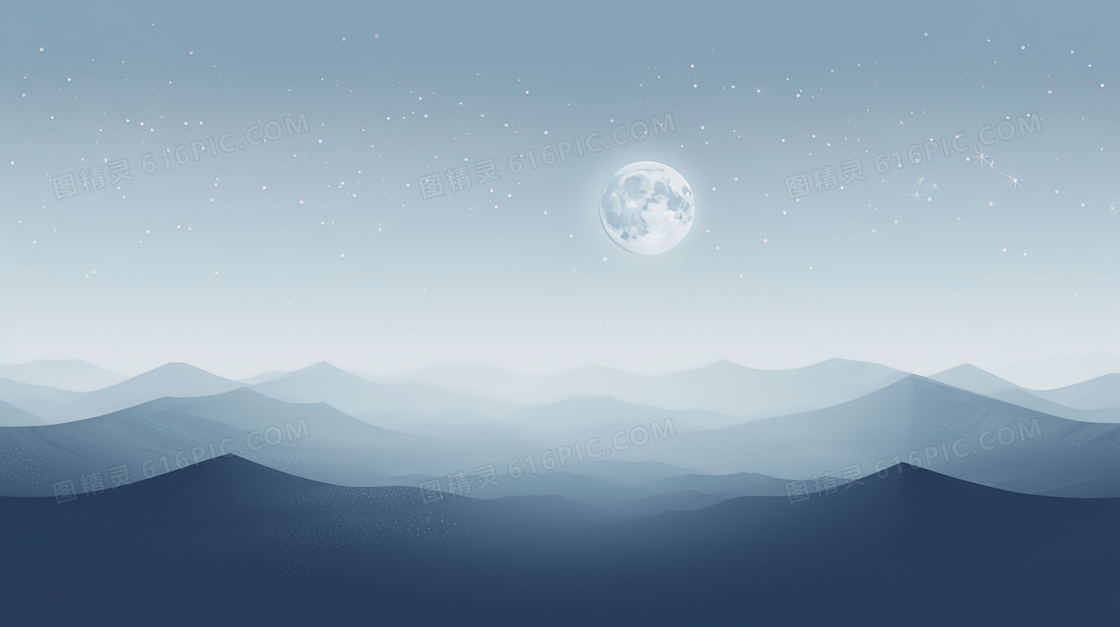 夜晚皎洁的明月下的山地风景插画