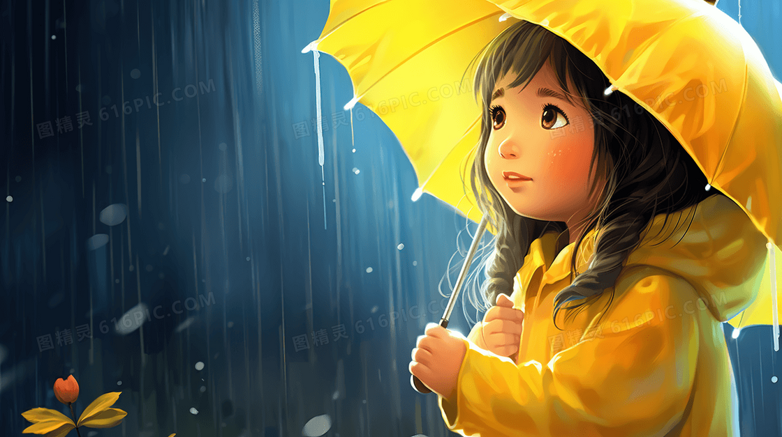 春季雨中打伞的小女孩插画 