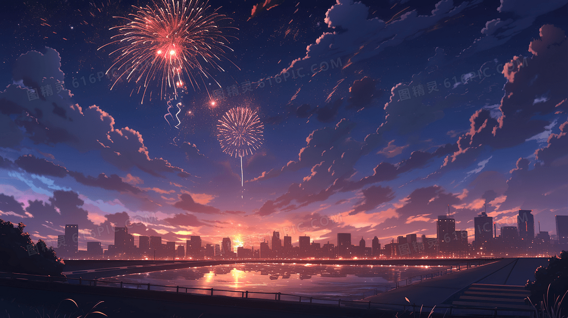 夏天夜空的庆典烟花插画