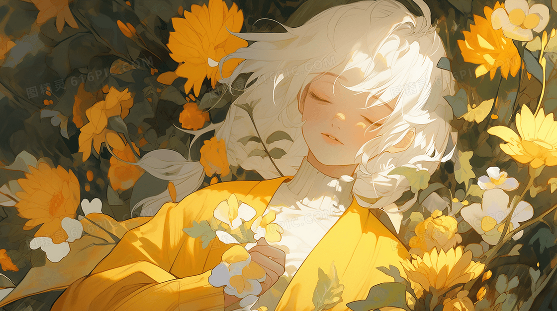 春天盛开的黄色花朵中的女孩唯美插画