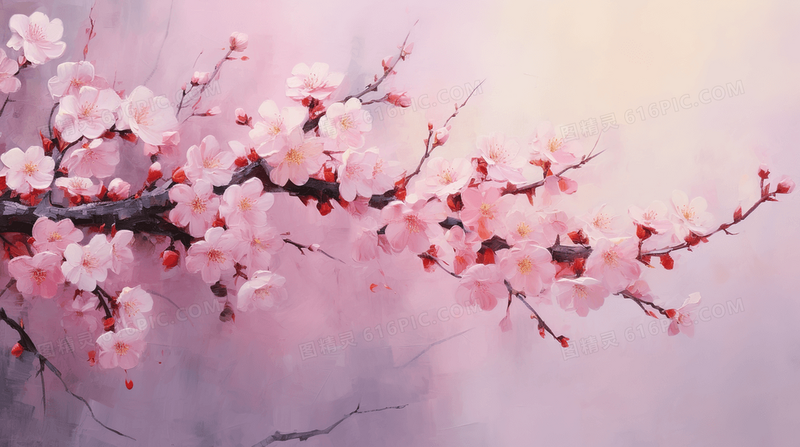 春季粉色桃花油画质感插画