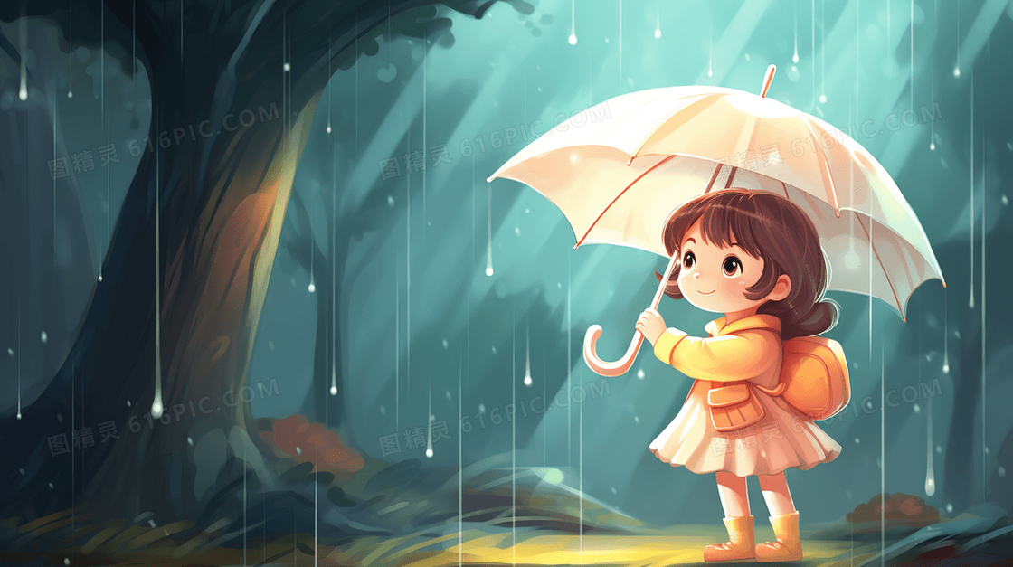 春季雨中打伞的小女孩插画 