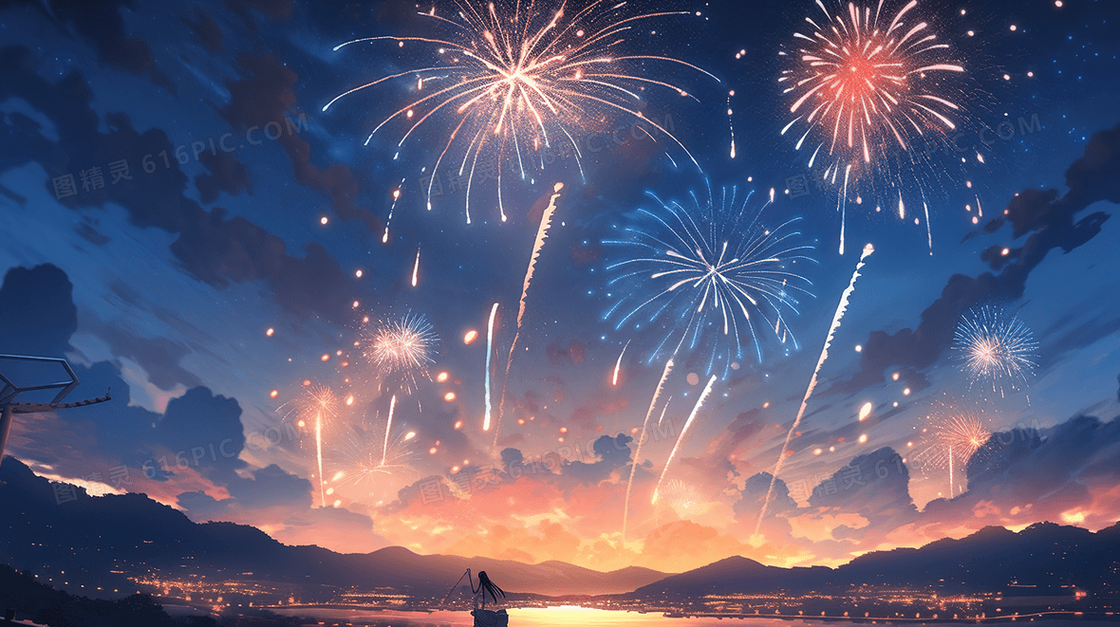 夏天夜空的庆典烟花插画