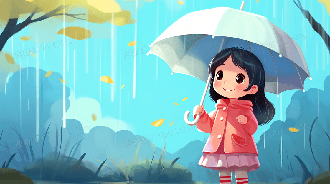 春季雨中打伞的小女孩插画 