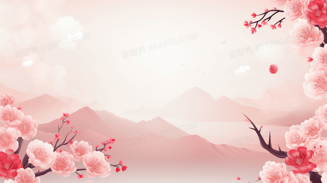 中国风粉色花朵山水风景唯美插画