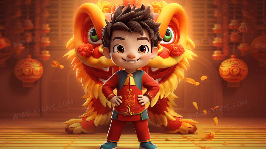 春节庆典的小男孩和醒狮插画