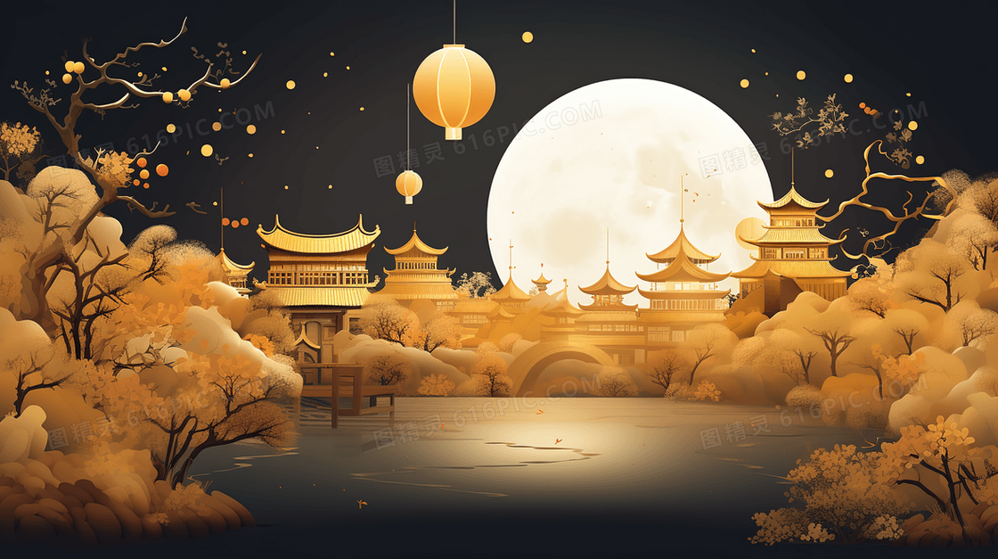 圆月山水元宵节插画