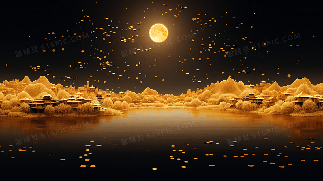 远山湖泊明月元宵节插画