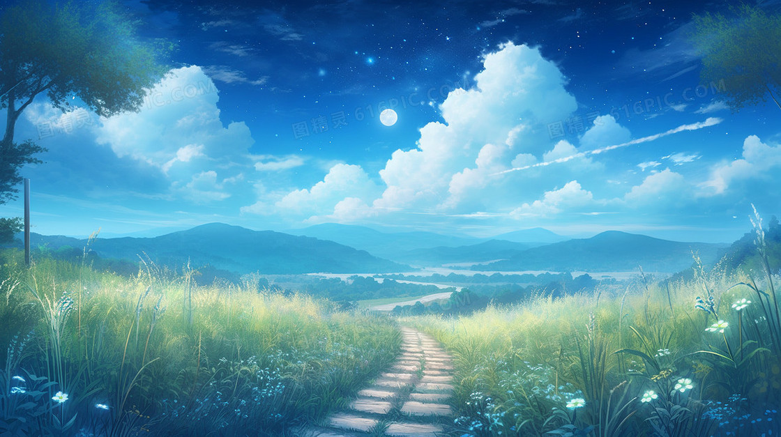 夜空中美丽的草地插画