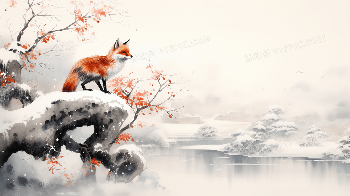 站在被雪覆盖的梅花树上的狐狸插画