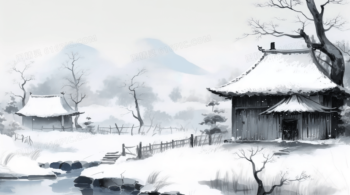 冬季中国古代乡村土坯房雪景插画