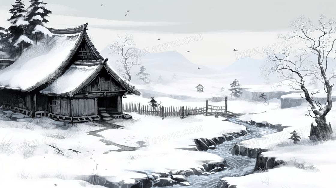 冬季中国古代乡村土坯房雪景插画