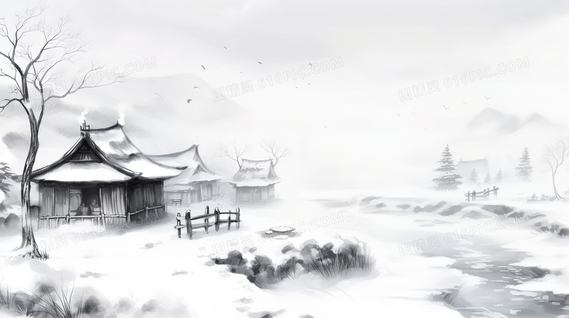 冬季中国古代乡村土坯房雪景插画