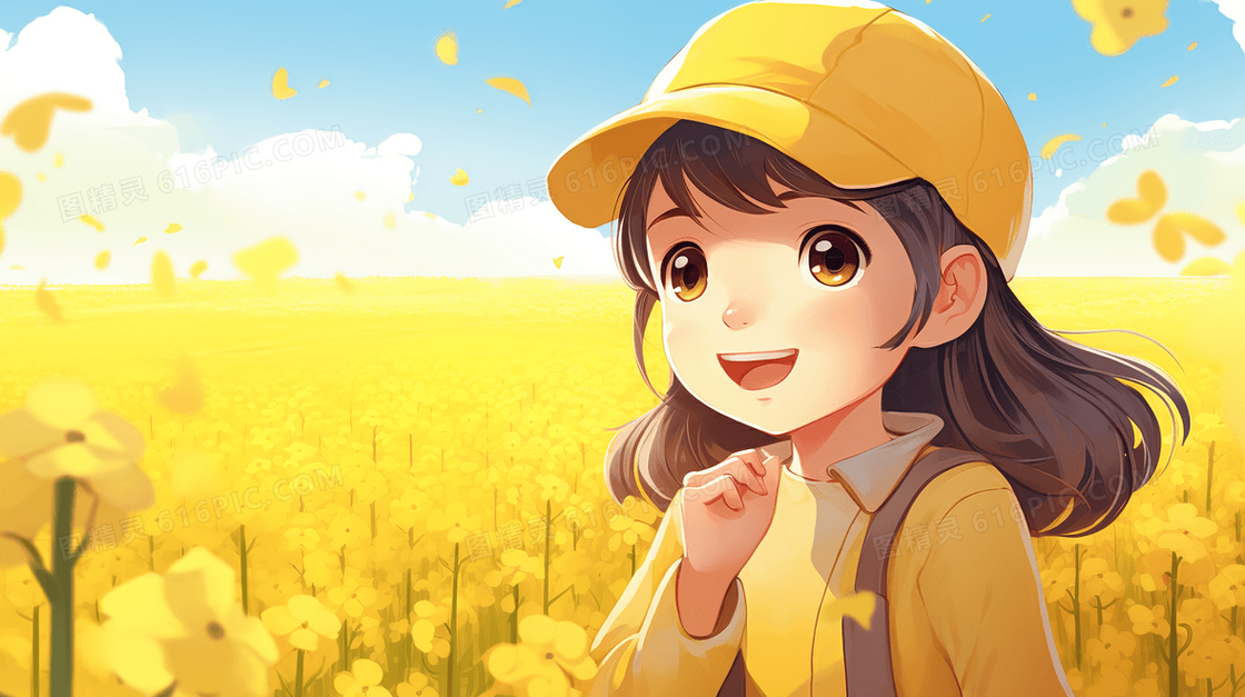 春天黄色鲜花花田里的女孩插画