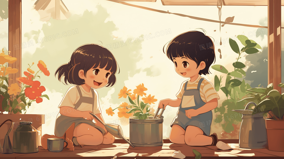 在春天种花浇水的两个小孩插画