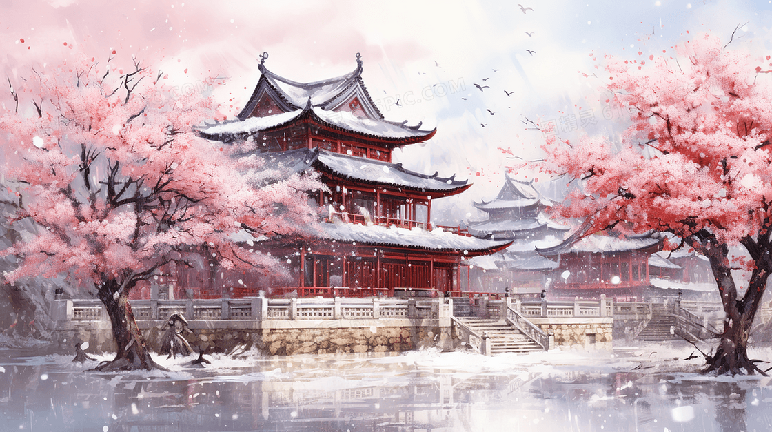 冬季梅花林里的塔楼插画