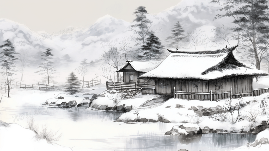 冬季中国古代乡村土坯房雪景插画