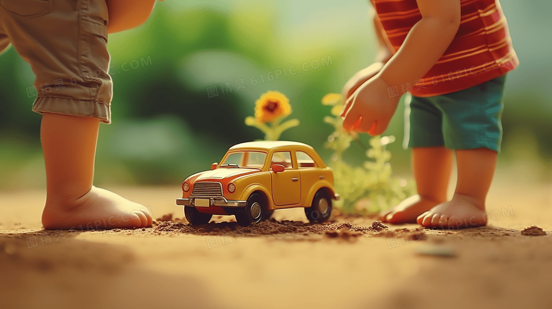 3D立体小男孩和小汽车模型插画