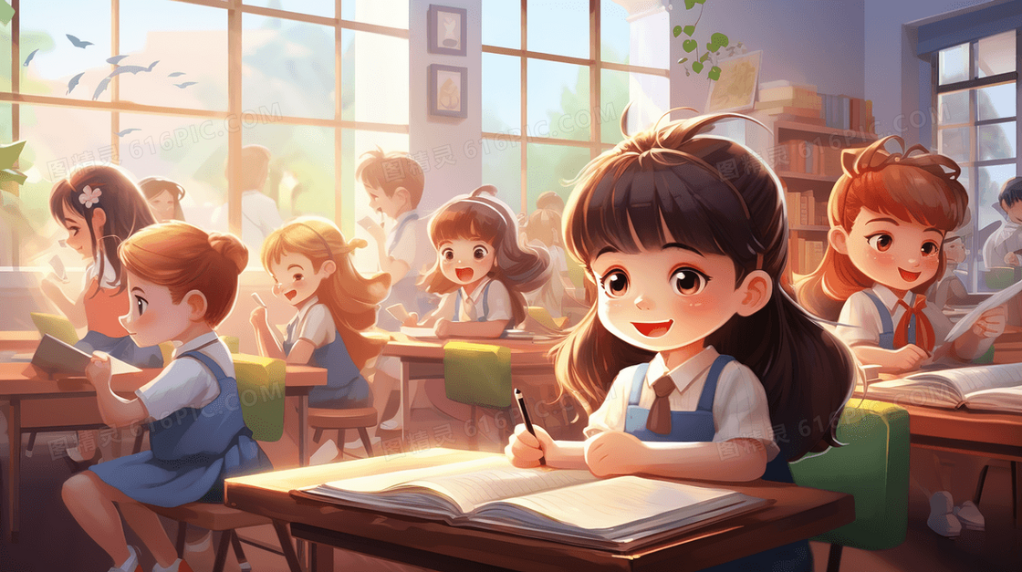 校园教室里学习的同学们插画