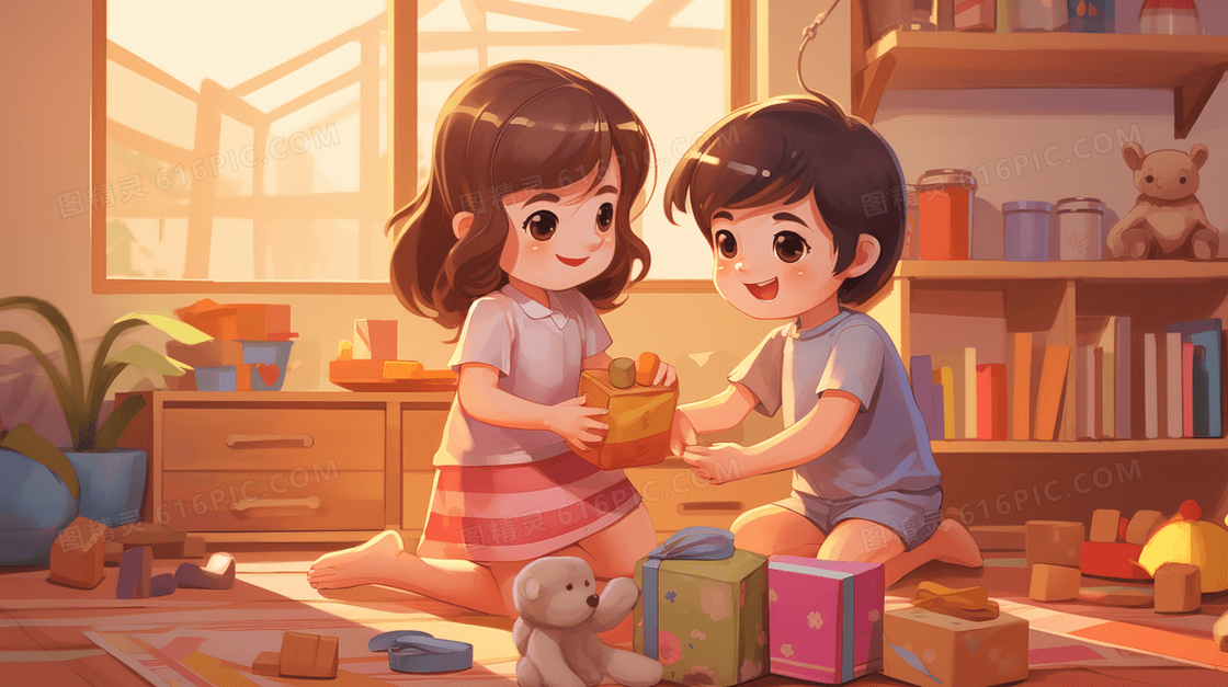 两个小朋友在一起快乐的玩玩具插画